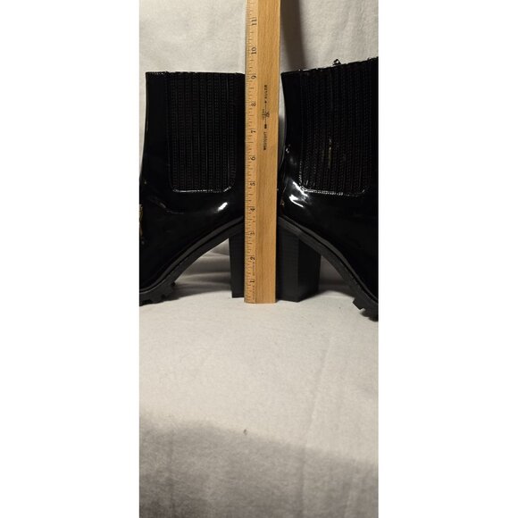 Forever 21 Boots Womens 7.5 Chunky Platform Lug Bootie Black Patent High Heel - Picture 7 of 10